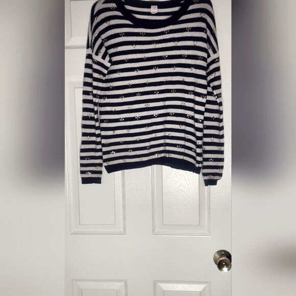 Maison Jules M 100% CASHMERE  NauticalStripedWhiteBlack GoldAccent Women Sweater - Picture 1 of 8